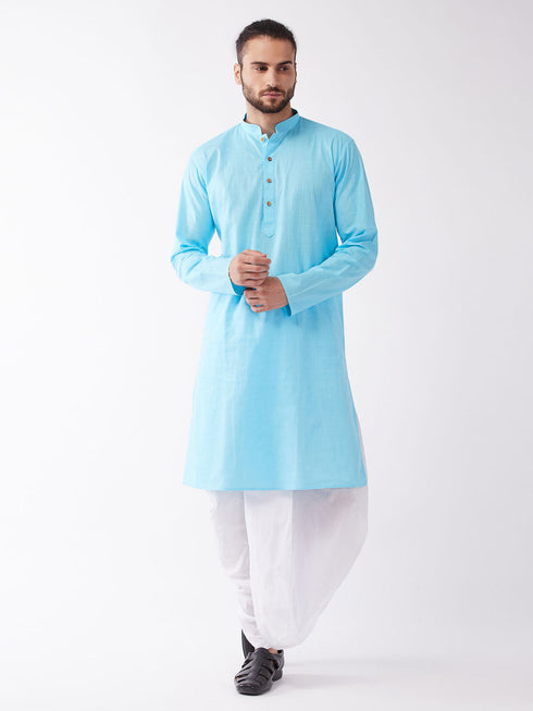 Men's Aqua Blue And White Cotton Blend Kurta And Dhoti Set
